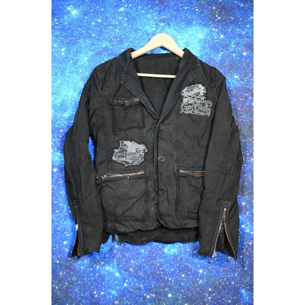 Triple Five Soul Blazer Jacket Medium Black Military Canvas Zip Pockets